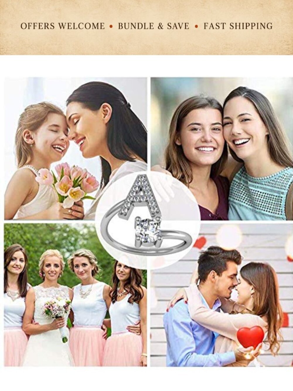 Silver Copper Initial Letter Ring Adjustable Stackable Crystal Inlaid Gift - Picture 4 of 6